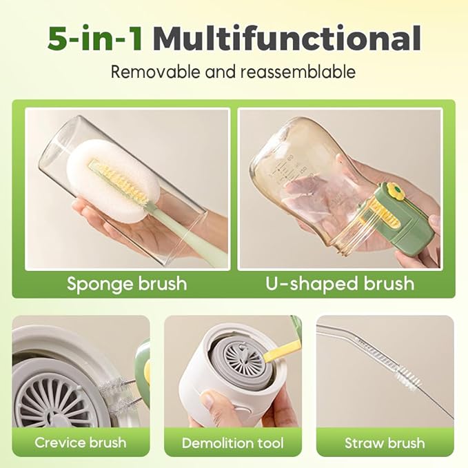 5 in 1 Bottle Cleaning Brush Set, 2025 Multifunctional Lid Brush Cleaning Tool Kitchen, Portable Long Handle Bottles Scrubber for Cup Lids, Hard Bristle Sponge Head Bottle Brushes (Green)