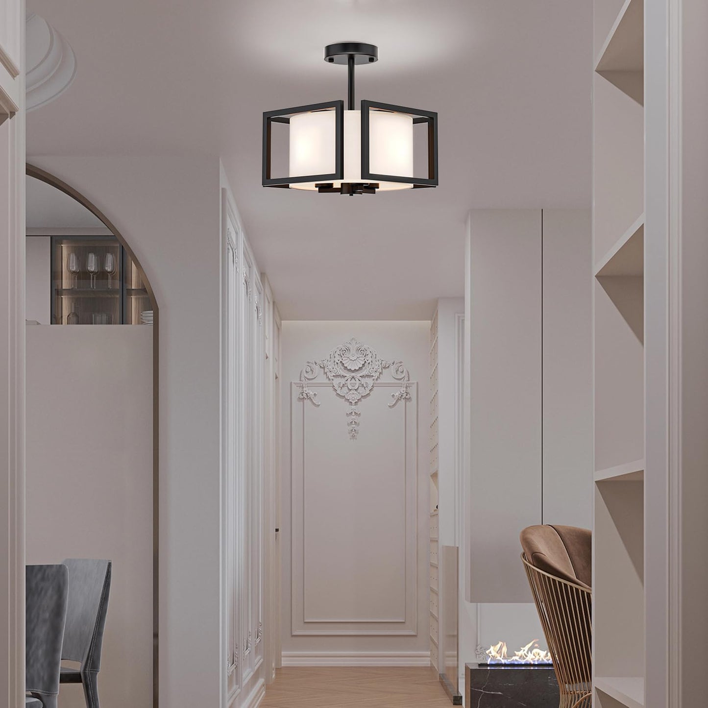 Modern Ceiling Light Fixture - Easric Semi Flush Mount Ceiling Light Industrial Light Fixtures Ceiling Mount with Fabric Shade Black Metal Frame Drum Ceiling Lights for Bedroom,Hallway,Kitchen