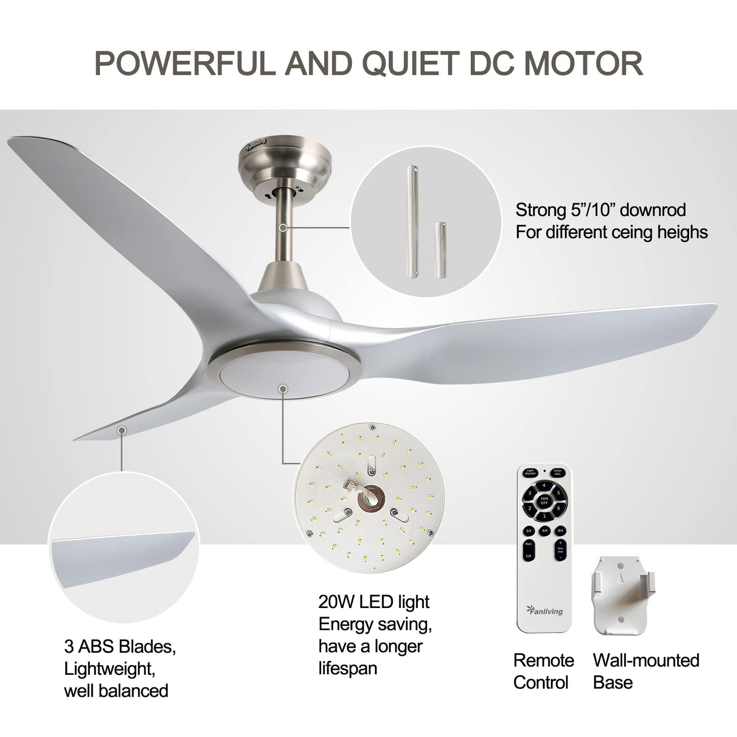 Fanliving 52 Inch Quiet DC Motor Ceiling Fan with Light Remote Control, Indoor 3 Blade Silver Modern Ceiling Fan for Bedroom Living Room Porch