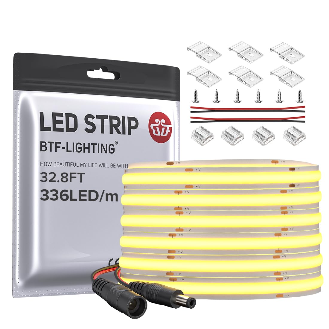 BTF-LIGHTING FCOB COB LED Strip Flexible High Density Uniform Light 8W/m 32.8FT DC24V Natural White 4000K CRI 90+ 8mm Width LED Ribbon for Bedroom Indoor Decor(No Adapter or Controller)