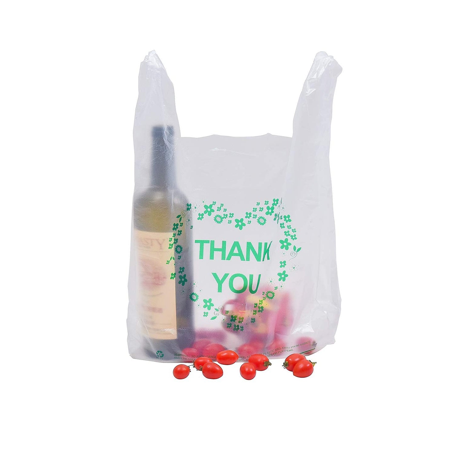 LazyMe Thank You T Shirt Bags White Plastic Grocery Bags with Handles, Standard Supermarket Size, 12 x 20 inch (100 pcs)