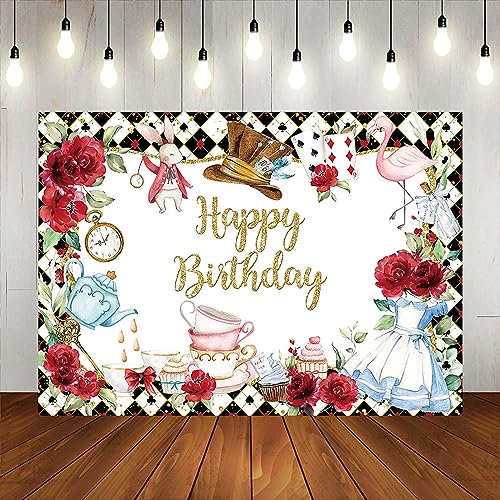 Fitumiw Wonderland Birthday Backdrop 7x5ft Tea Party Happy Birthday Background Party Decorations for Kids Fairy Tale Banne...