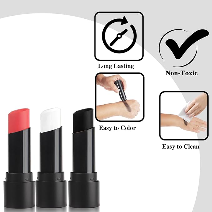 MEICOLY 3PCS Black White and Red Face Body Paint Stick,Joker Face Paint Stick for Halloween SFX Cosplay,Scary Creepy Clown Skeleton Zombie Makeup,Waterproof Eye Black for Baseball Softball Football