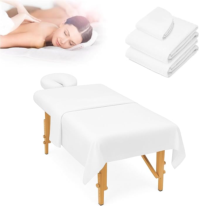 Massage Table Sheet Set, 3pcs (Flat Sheet, Fitted Sheet, Face Rest Cover), White Microfiber for Spa and Professional Use