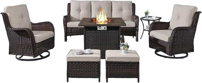 Belord Outdoor Patio Furniture Set with Propane Fire Pit Table, 7 Pieces Wicker Patio Conversation Set with 2 Swivel Glider Rocker Chair Rattan Sofa Beige Cushion Perfect for Casual Gathering