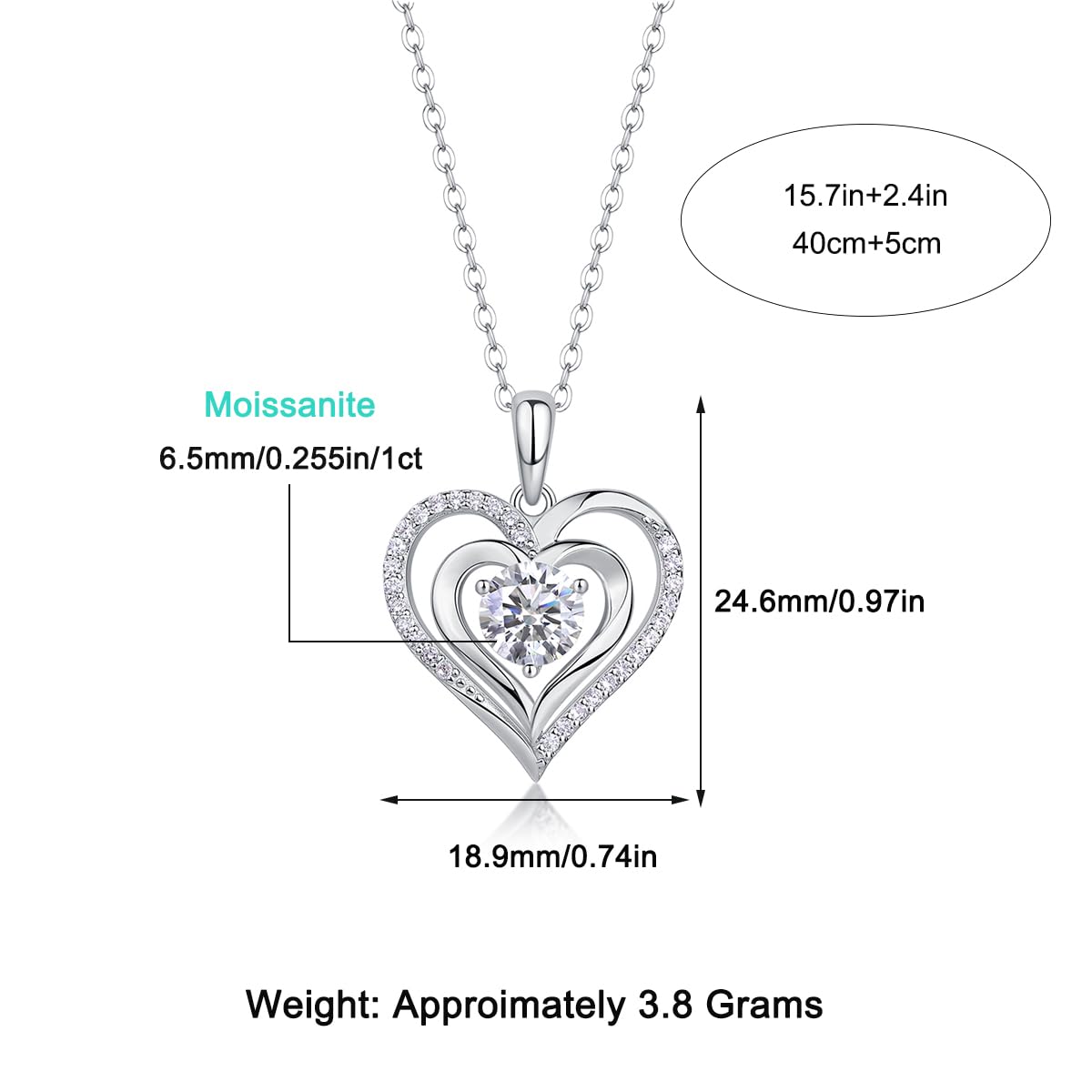 Sparkling Heart Moissanite Necklaces for Women, 1 Carat Moissanite, 925 sterling silver necklaces, jewelry, necklaces for women, mossinate, gifts for her, birthday gifts for women