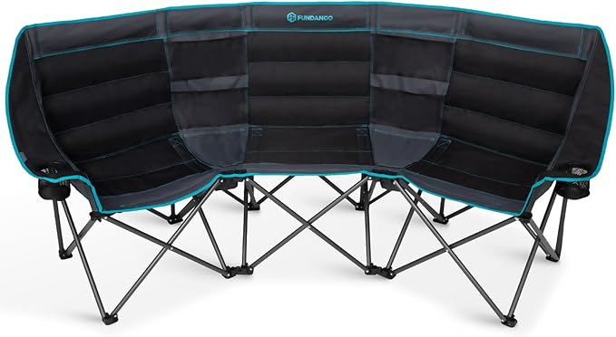 FUNDANGO Extra Wide 3 Person Camping Chair for Adults with Cooler, 1000 LBS Heavy Duty Oversized Camp Couch, Padded Folding Seat with Cup Holders for Outdoor, Sports & Lawn
