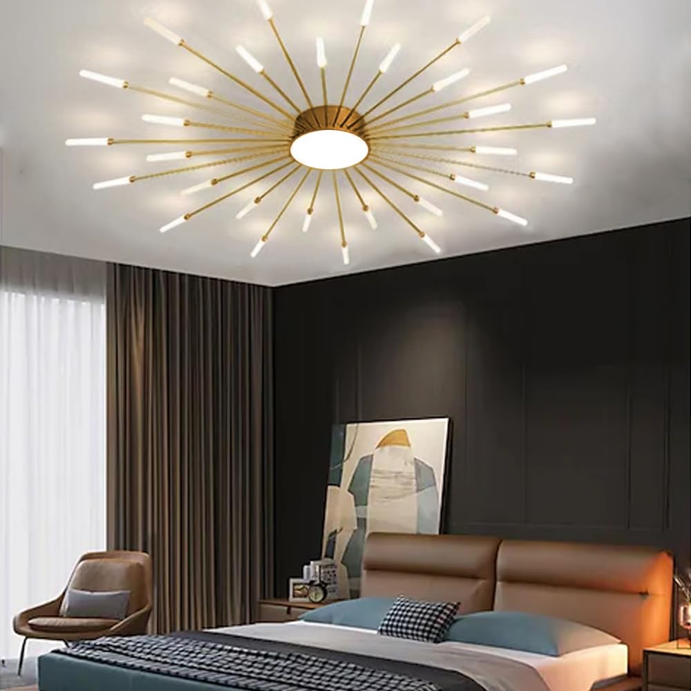LightInTheBox Modern LED Ceiling Light Sputnik Linear Flush Mount Ceiling Lamp Gold Firework Flower Ceiling Light Fixture for Living Room Dining Room (Gold, 30-Heads, Natural Light)