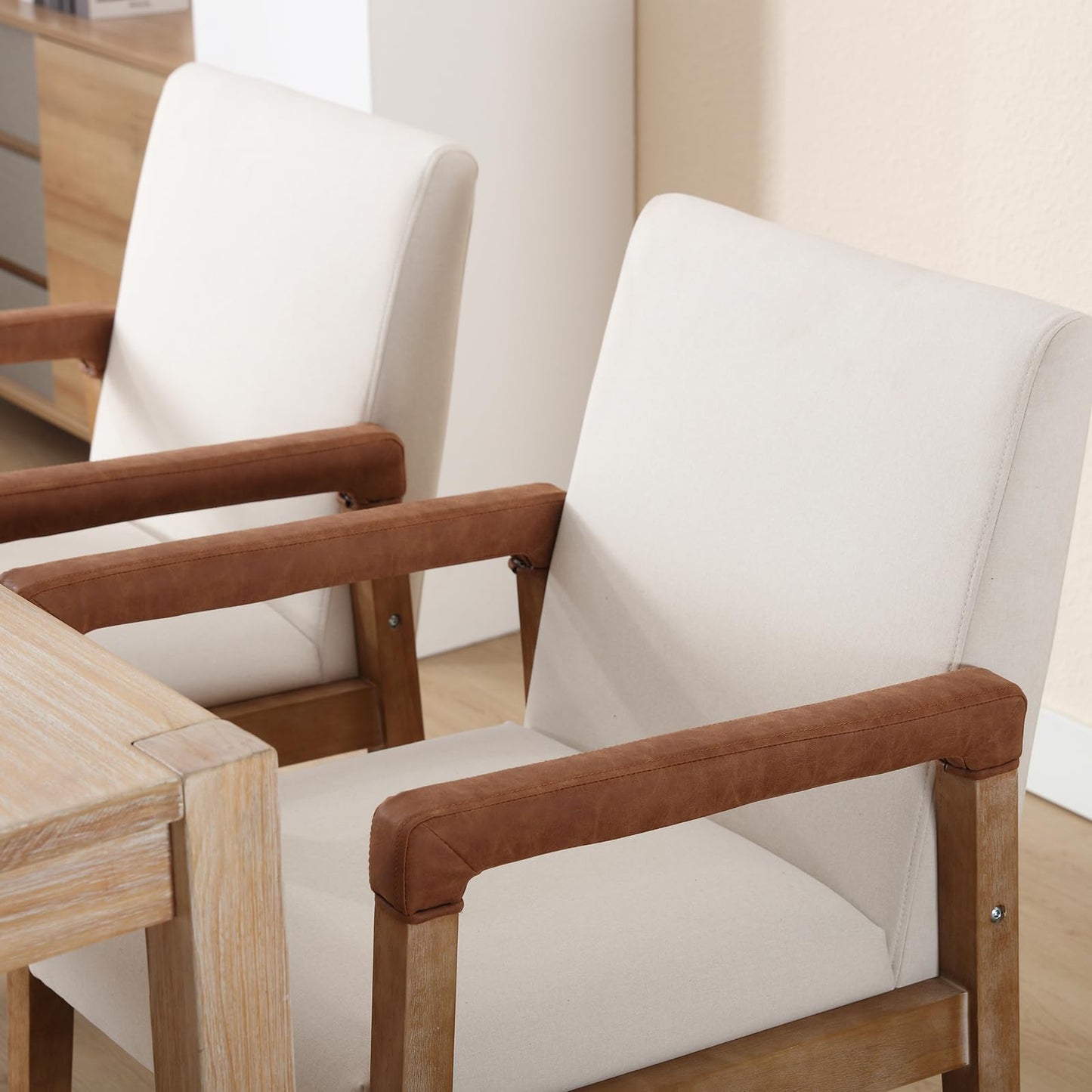 LZAREAL Mid Century Modern Dining Chairs Set of 4 Fabric Upholstered Living Room Side Chair, Kitchen Arm Chair with Solid Wood Legs for Home Restaurant, Linen White