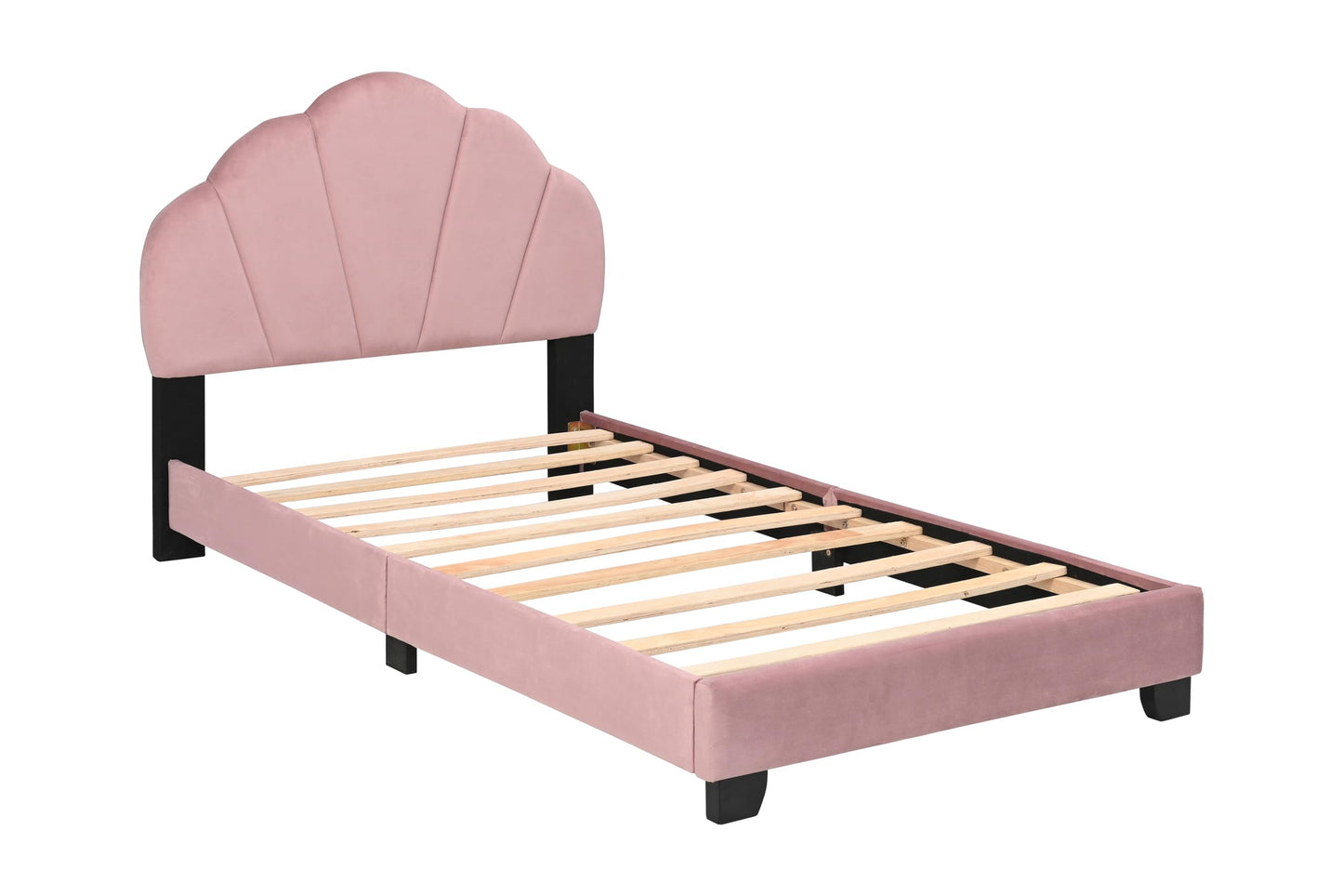 Ball & Cast Twin Size Platform Bed, Cute Shell Shaped Headboard Bed-Frame Girls Boys Teens, Velvet Upholstered Beds with Wood Slat Support, No Box Spring Needed, Pink