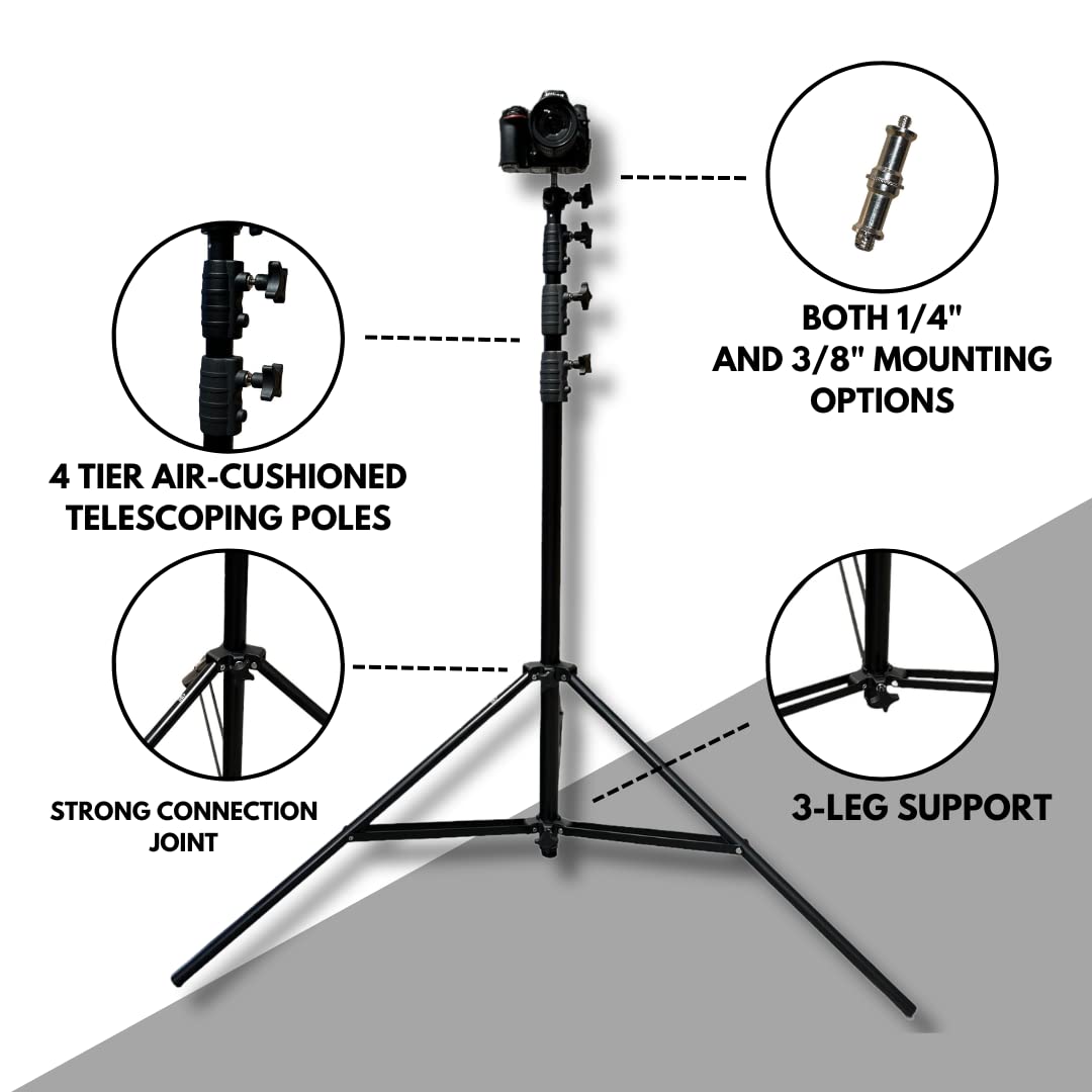 Glide Gear TST 12 12-Foot Tripod Stand – Air-Cushioned Telescoping Sections, Heavy-Duty Aluminum Construction, Adjustable Height, Supports Cameras Up to 4 lbs - Stabilization Kit Included