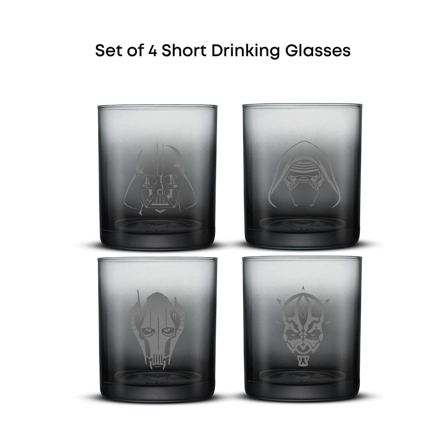 JoyJolt Star Wars Dark Side Drinking Glasses Set of 4, 14oz Short Glass Cups, Lowball Glass Tumbler Set ft Darth Vader Darth Maul Kylo Ren and General Grievous, Star Wars Stuff