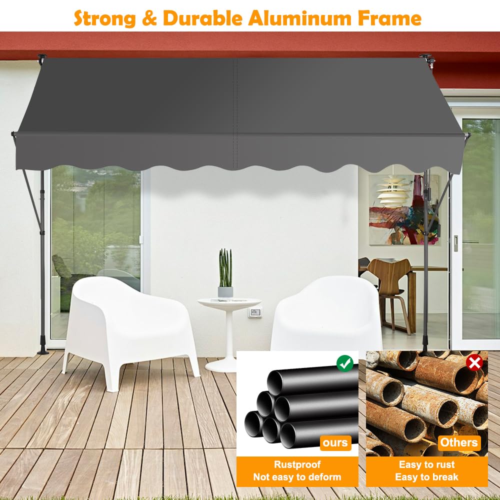 SMONTER Manual Retractable Awning, 118" Non-Screw Outdoor Patio Awning Sunshade Shelter, Height Adjustable Sunshade Patio Door Window Awning Canopy for Backyard, Garden, Balcony, Gray