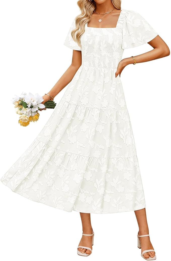 ZESICA Women‘s Summer Boho Floral Midi Dress 2026 Casual Short Sleeve Square Neck Flowy Beach Vacation Long Dress