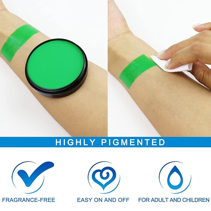 MEICOLY Washable Green Face Body Paint,Halloween SFX Elphaba Witch Makeup,Hunting Hulk Gamora Face Paint,St Patricks Day Accessories,Green Makeup Face Painting for Adults and Kids