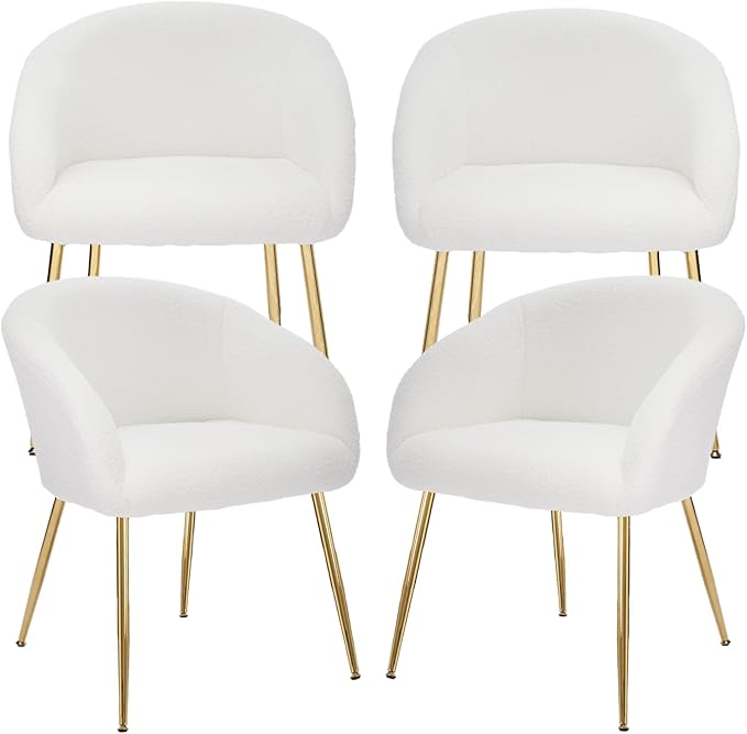 YDcosyfy Modern Small Accent Chair Set of 4, Comfy Sherpa Makeup Vanity Chair with Golden Metal Legs, Decorative Dining Chair no Wheels for Living Room, Dressing Room, Bedroom, White