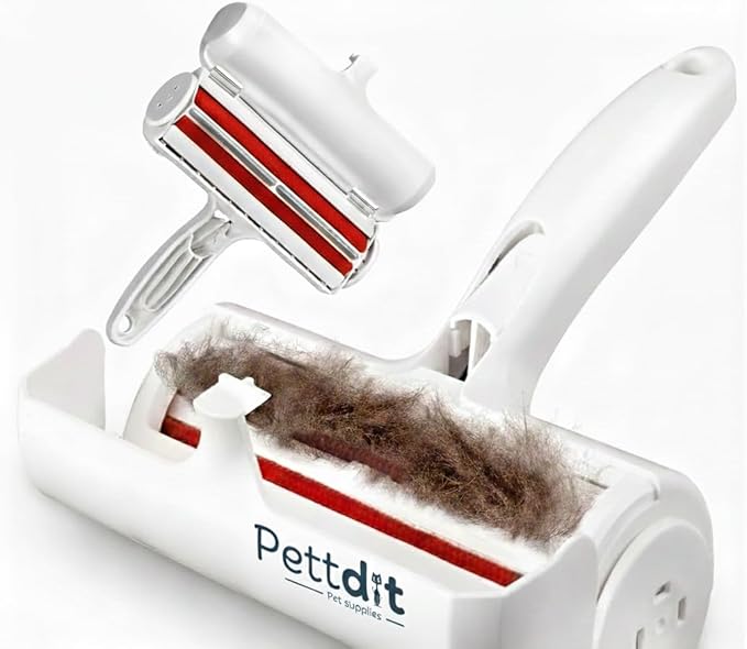 Pettdit Pet Hair Remover & Detailer Bundle – Reusable Lint Roller + Grooming Brush for Cats & Dogs – Removes Fur from Furniture, Carpet, Clothes & Bedding