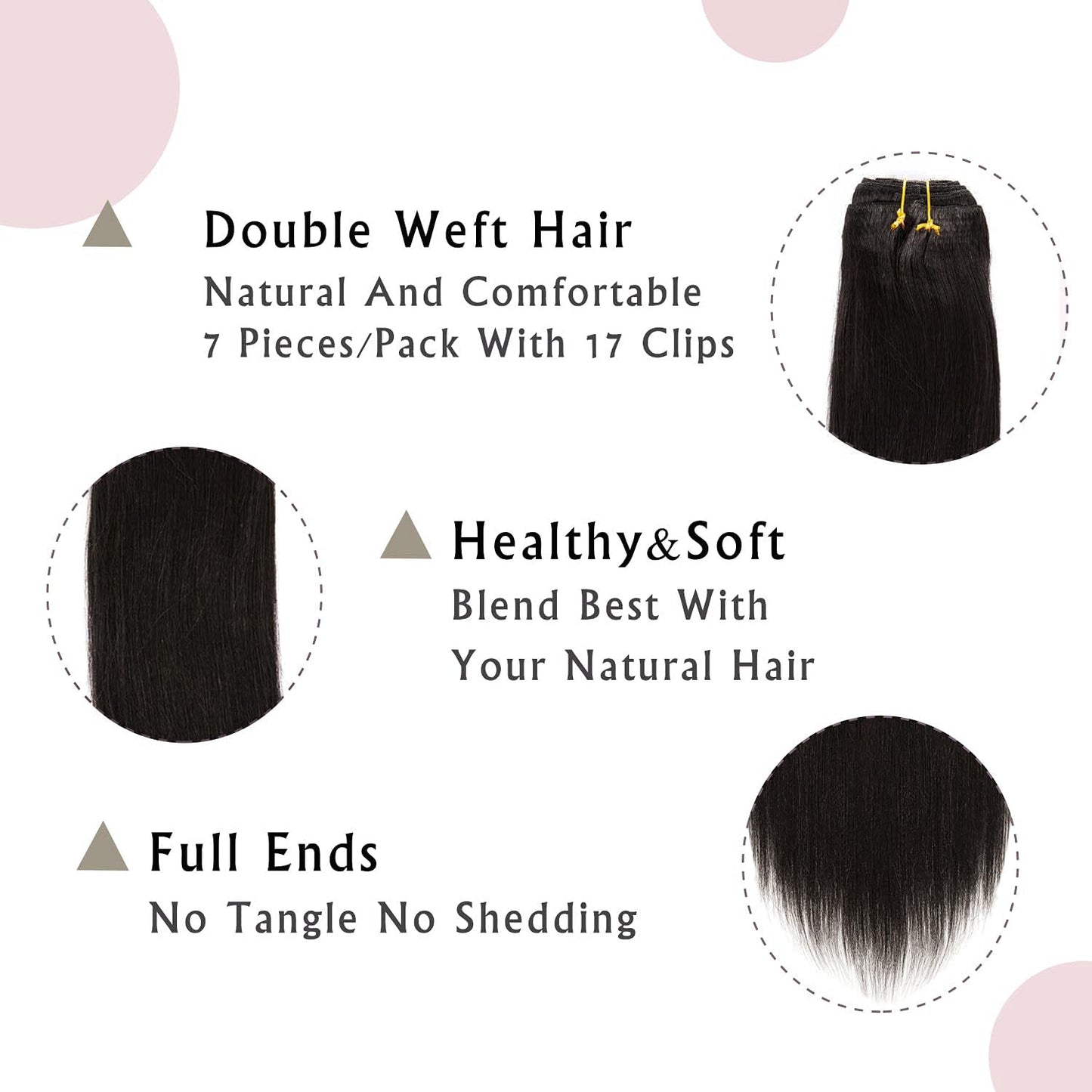 Anrosa Yaki Clip in Hair Extensions Human Hair for African American Relaxed Hair for 7 Piece 120 Gram, Natural Color Hair 12 Inc