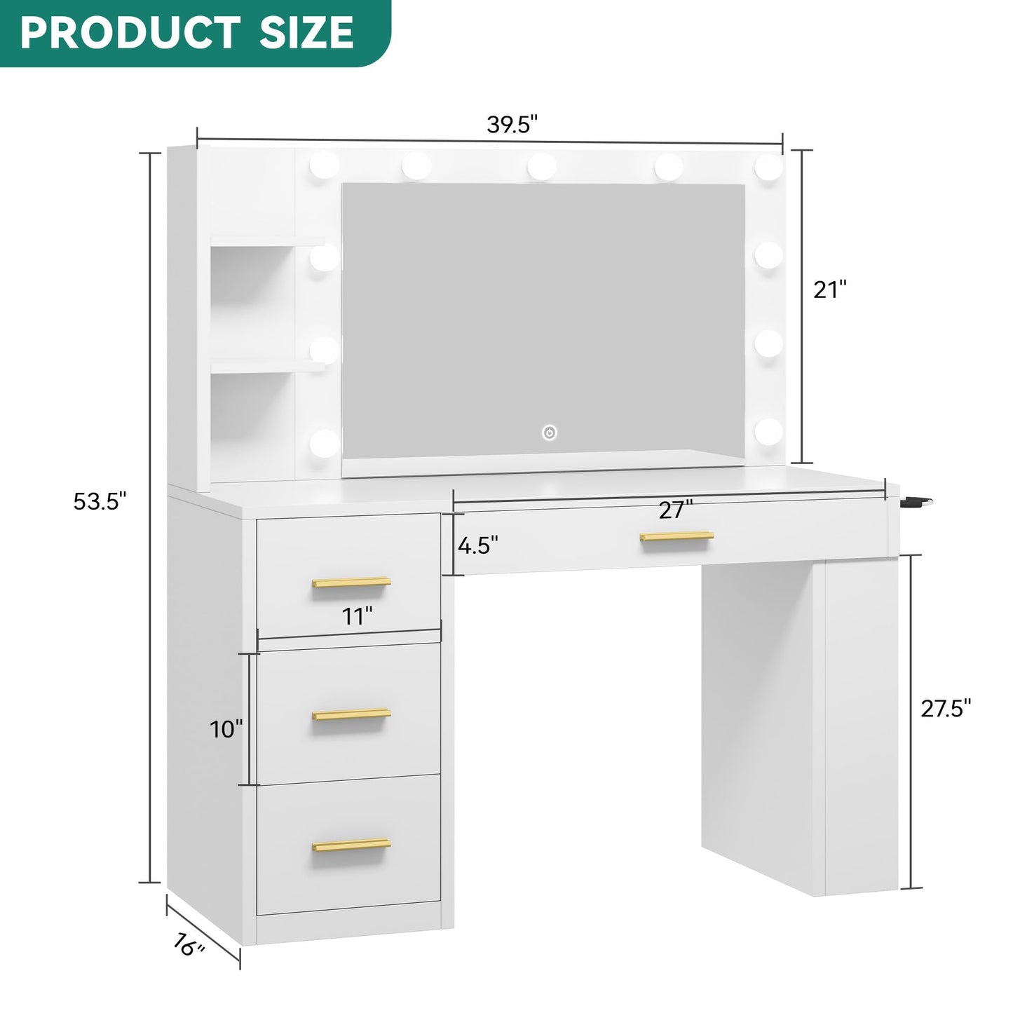 YITAHOME Vanity Desk with Mirror & Lights, Makeup Vanity Table Set with Power Outlet, 4 Drawers, 6 Open Shelves Above and 3 Lighting Modes Dressing Table