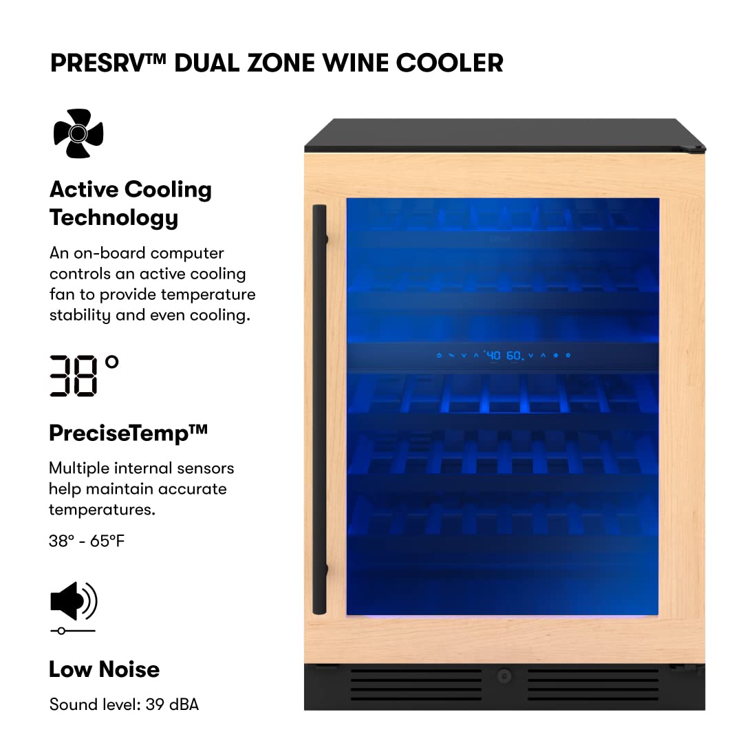 Zephyr Presrv 24 Inch Wine Fridge Dual Zone Panel Ready Under Counter - Wine Cooler Cellars Small Cabinet Wine Refrigerator Home Bar Chiller Freestanding ENERGY Star certified, 45 Bottles