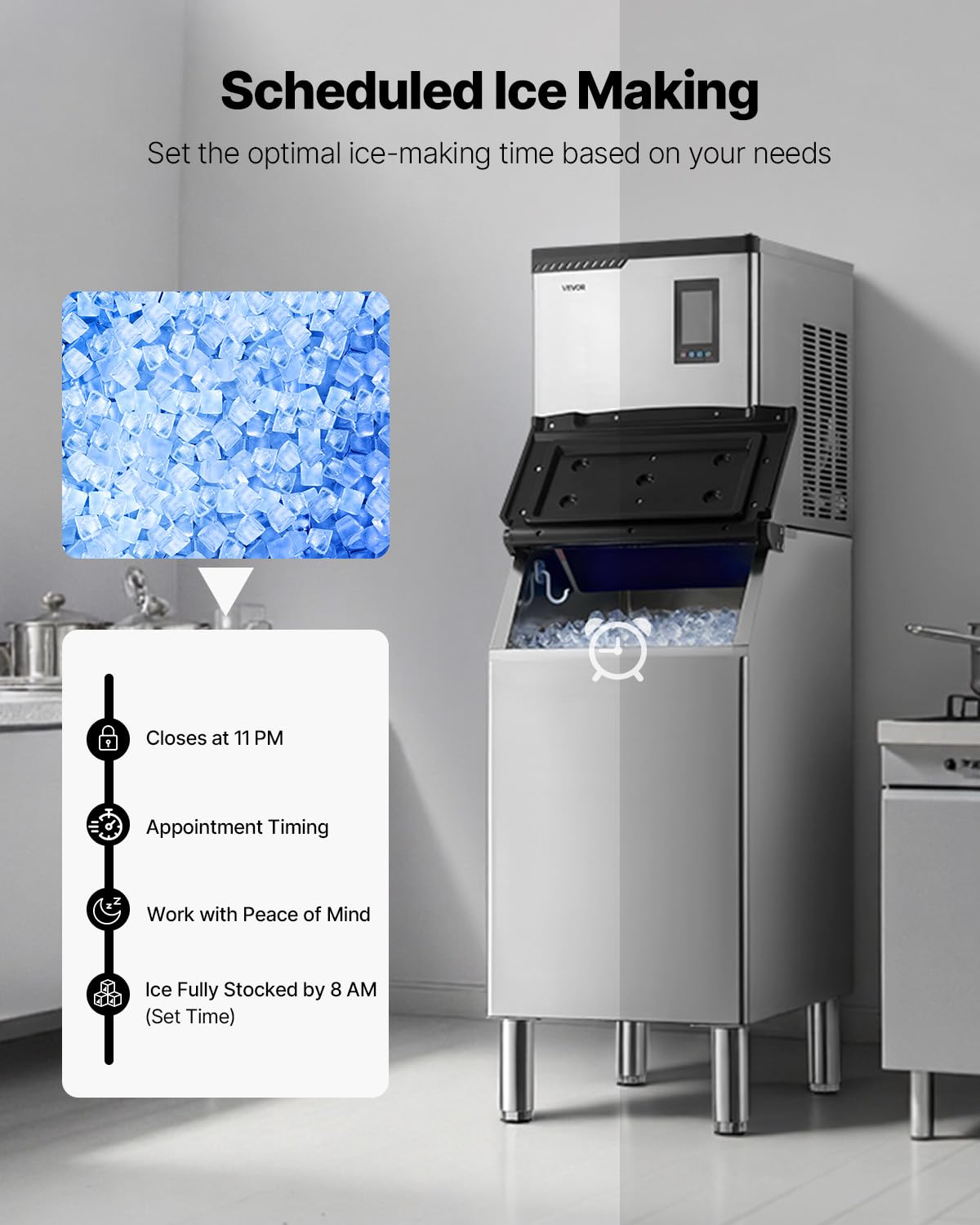 VEVOR Commercial Ice Maker Machine, 300LBS/24H Ice-Making Machine with 300LBS Stainless Steel Storage Bin, Auto Self-Cleaning Ice Maker with Touchscreen for Bar Cafe Restaurant Business Commercial