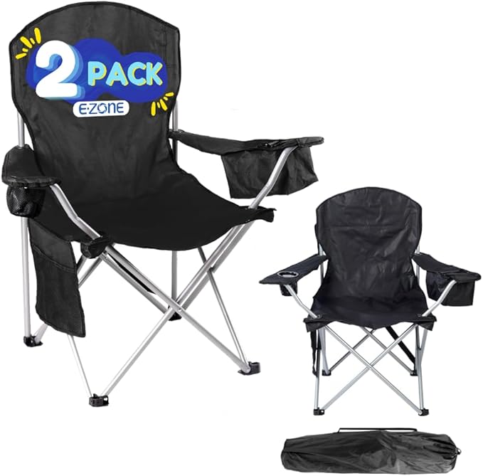 EZONE 2-Pack Camping Chairs with Built-in Ice Cooler, Portable Chair, Storage Pocket, Cup Holder, and Carry Bag Perfect for Camping, Tailgating, Fishing, Beach, and Lawn (2, Black)