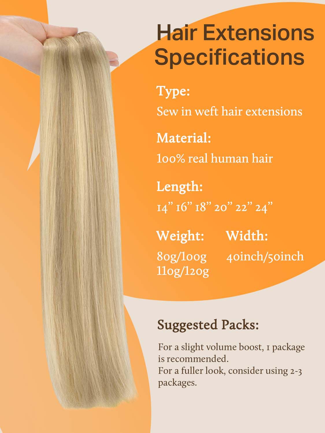 DOORES Weft Hair Extensions Human Hair, Light Blonde Highlighted Golden Blonde 16 Inch 100g Sew in Straight Natural Weave for Fu