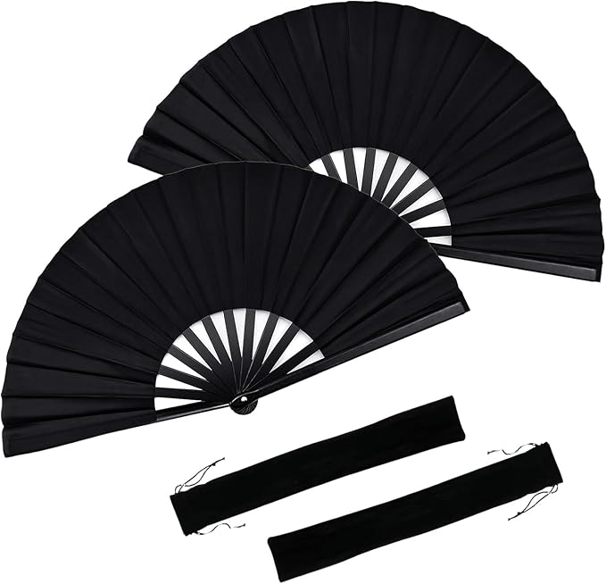 2 Pcs Large Folding Hand Fans - Chinese Tai Chi & Kung Fu Fan with Nylon Cloth, Holder Sleeve - Portable Handheld Fan for ...