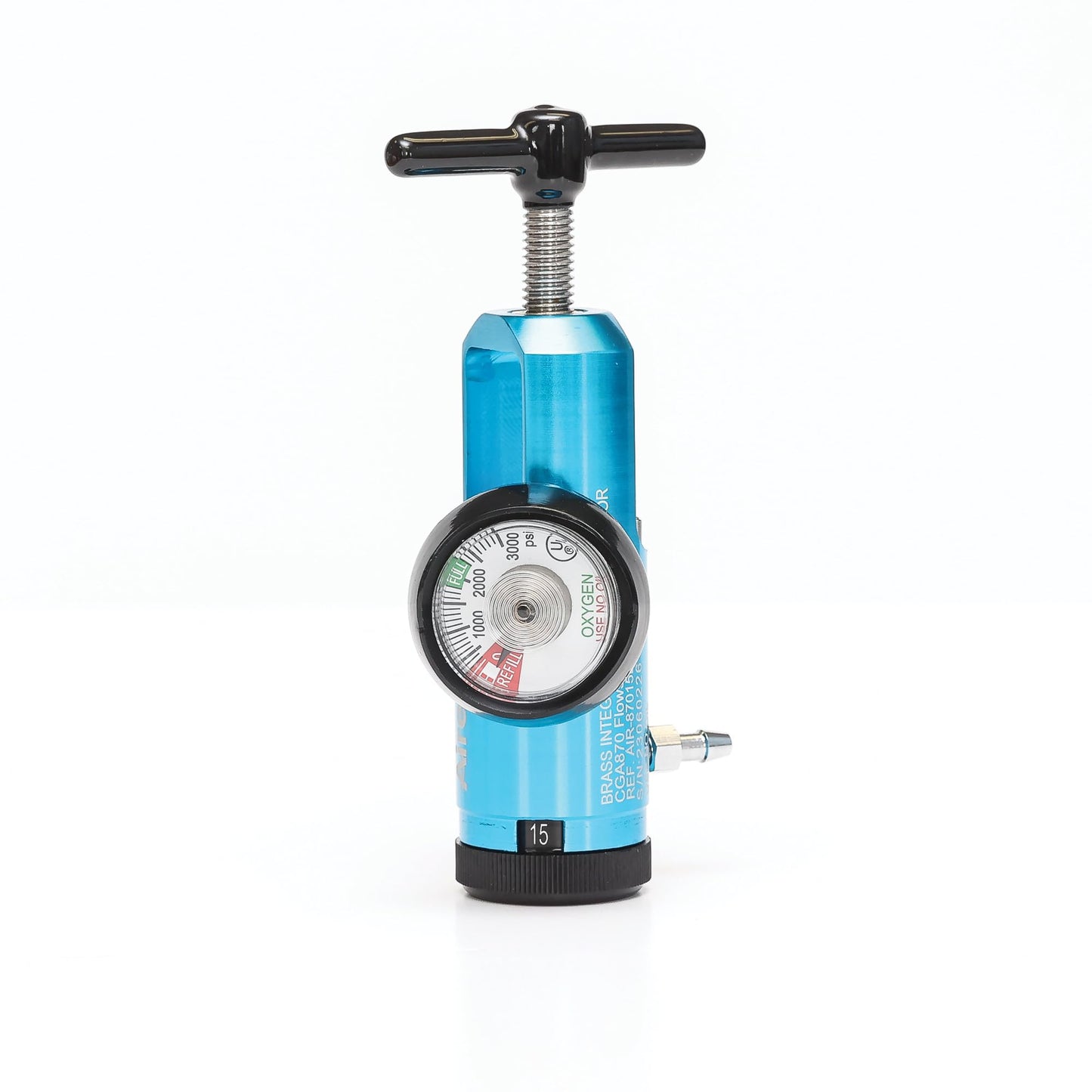 AireMed Oxygen Regulator 0-15LPM, CGA-870 Gauge Flow Rate – Includes Wrench Key, 5 Brass Yoke Washer Seals, and 2 Oxygen Tubing Swivel Connectors - Ergonomic Handle Design – Blue