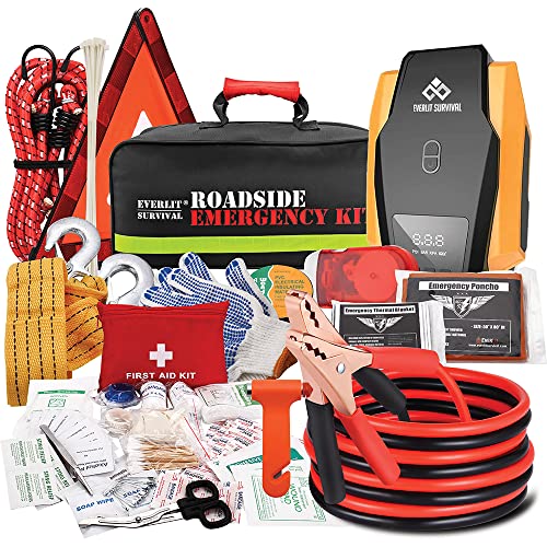 Everlit Survival Car Emergency Kit, Roadside Safety Tool Kit with Gloves,Digital Auto Air Compressor Tire Inflator, First ...