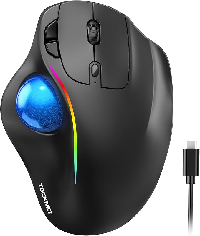 TECKNET Pro Wireless Trackball Mouse, Bluetooth Mouse with Ergonomic Thumb Control, USB-C Rechargeable, RGB Light Mice wit...