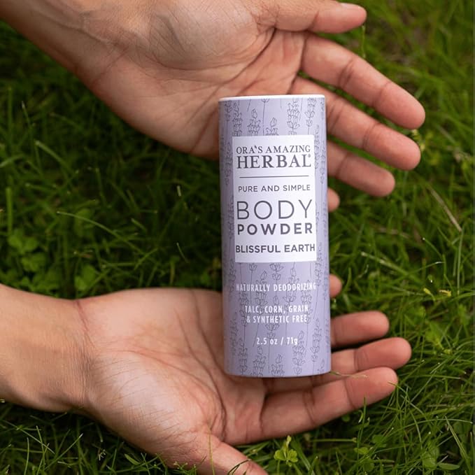 Ora's Amazing Herbal Talc Free Body Powder for Women, Cornstarch Free Talcum Dusting, Grounding Relaxation Scent, Essential Oils Lavender, Vetiver, Clary Sage, Blissful Earth 2.5 oz