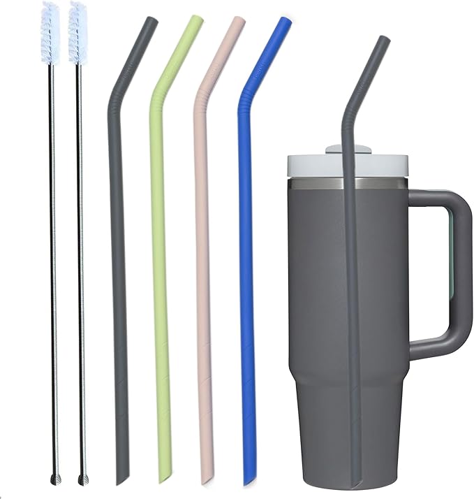 Stanley Cup Accessories 14” Extra Long Silicone Reusable Replacement Drinking Straws for 40 oz Quencher Tumbler,Wine Bottle-Blue Iris,Green Citron,Charcoal,Light Brown With Bendable Brush
