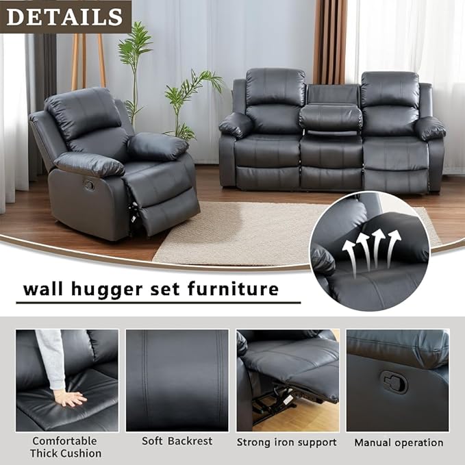 A Ainehome Living Room Furniture Set Leather Recliner Sofa Set Loveseat Chair Furniture Sofa Set for Living Room/Small Space/Rv/House/Office/Theater Seating (A-Black Leather, Sofa+Chairs)