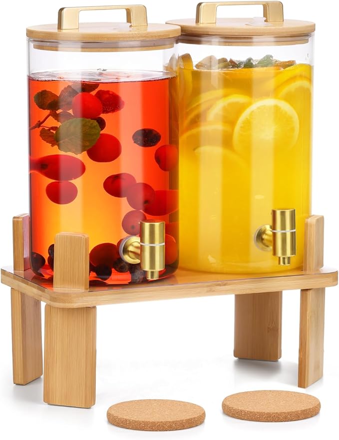 1 Gallon 2 PCS Glass Beverage Dispenser, Drink Dispensers for Parties, Lemonade Dispenser with Airtight Valve and Stainles...