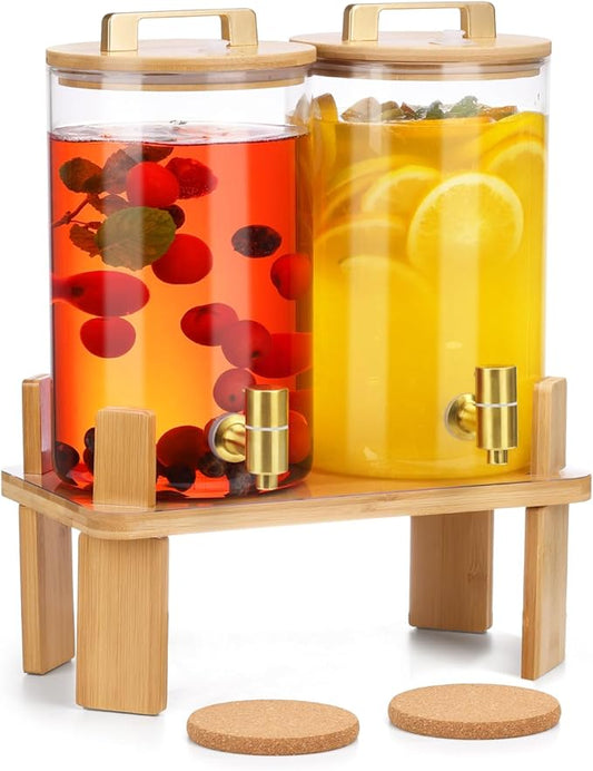 1 Gallon 2 PCS Glass Beverage Dispenser, Drink Dispensers for Parties, Lemonade Dispenser with Airtight Valve and Stainles...