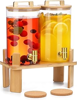 1 Gallon 2 PCS Glass Beverage Dispenser, Drink Dispensers for Parties, Lemonade Dispenser with Airtight Valve and Stainles...