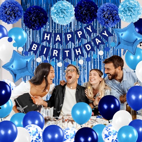 Iysoll Blue Birthday Party Decorations for Boys Men Happy Birthday Banner Balloons Navy Royal Light Blue Pom Poms Foil Cur...