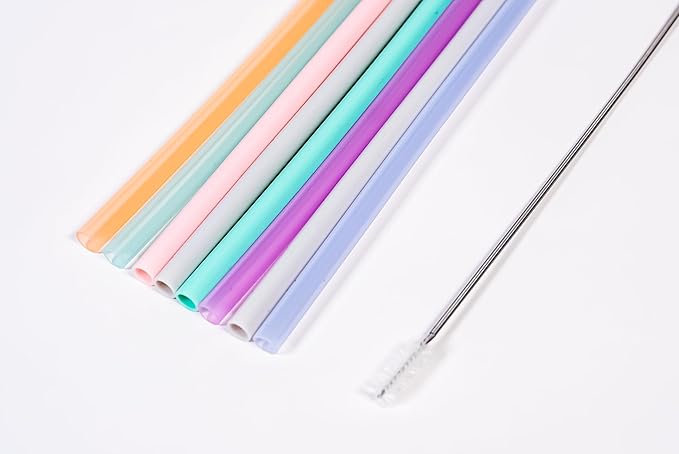 8.6-inch (220mm) Reusable Silicone Straws – Set of 8 Soft Pastel Straws + Cleaning Brush + Kraft box – BPA-Free, Dishwasher Safe – Great for Smoothies & Iced Coffee (Fits Tumblers up to 26oz)