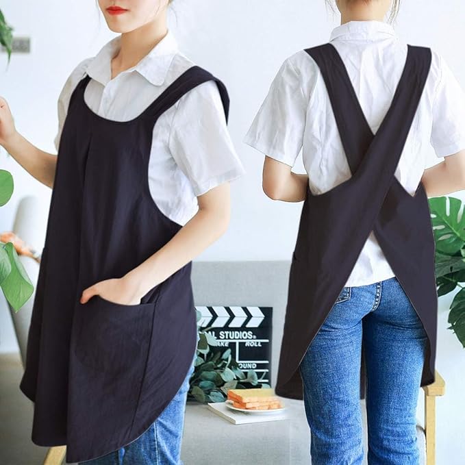 Japanese Style Linen Cotton Cross Back Pinafore Apron with Pockets for Women Ladies Men Chef Kitchen Cooking Baking