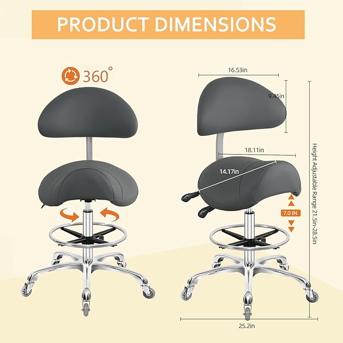 Nazalus Saddle Stool Chair with Back Support Footrest, Heavy-Duty(350LBS), Hydraulic Rolling Swivel Adjustable Stool Chair for Salon Spa Beauty Massage Dental Clinic Home Office Use(Grey)