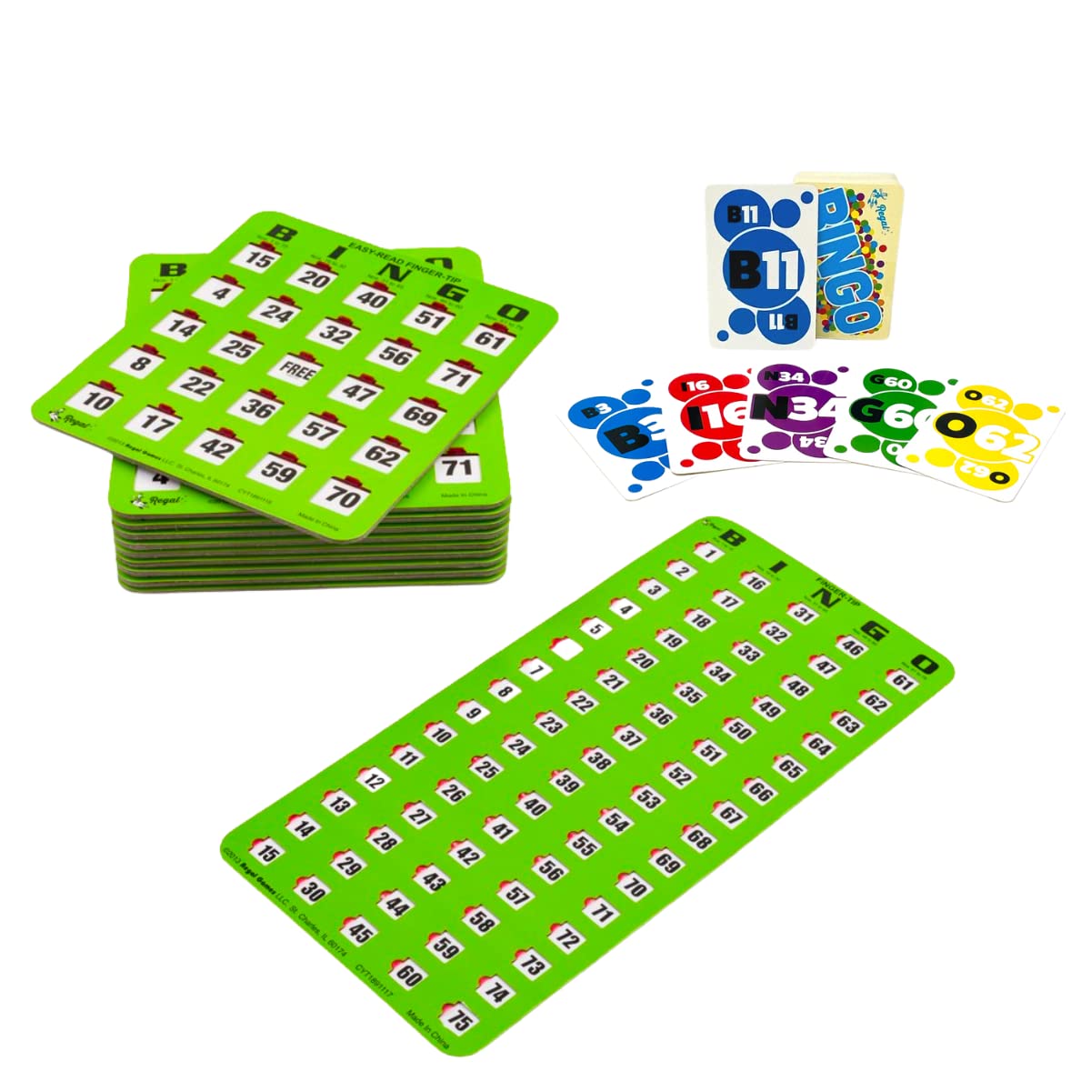 Regal Bingo 10 Bingo Cards with Sliding Windows, Bingo Calling Cards Deck & Master Board Bulk Kit - Reusable Large Print Bingo Game Set for Adults & Seniors Large Group - (Jumbo, Green)