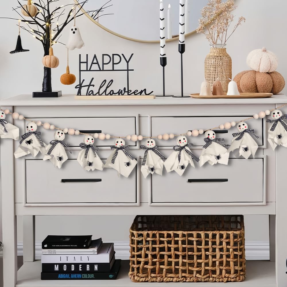 Vellibring 8.2Ft Halloween Ghost Garlands Decorations,Cute Fabric Ghost Banner with Wooden Beads Halloween Rustic Hanging Ghost Garlands for Room Indoor Party Wall Fireplace Doorway Decor