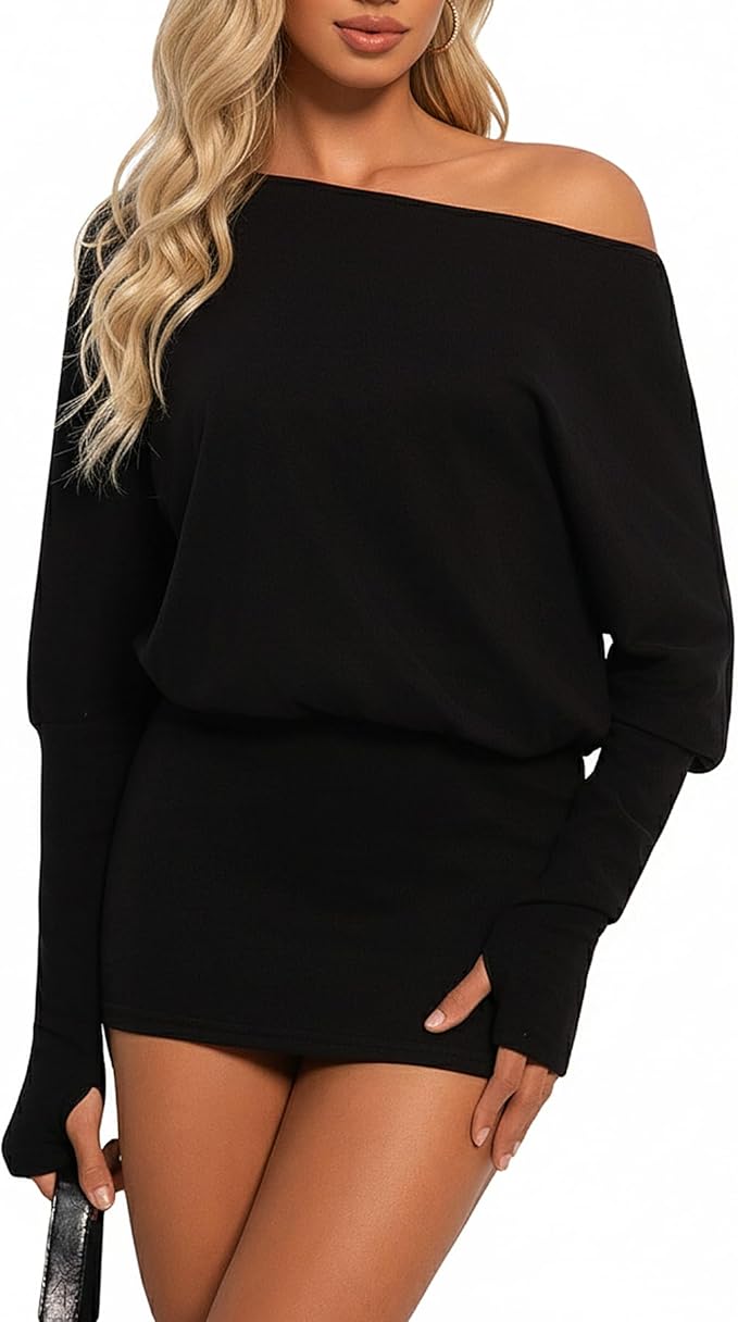 Coloquin Women Off Shoulder Batwing Long Sleeve Bodycon Mini Dress Y2k Party Going Out Dresses