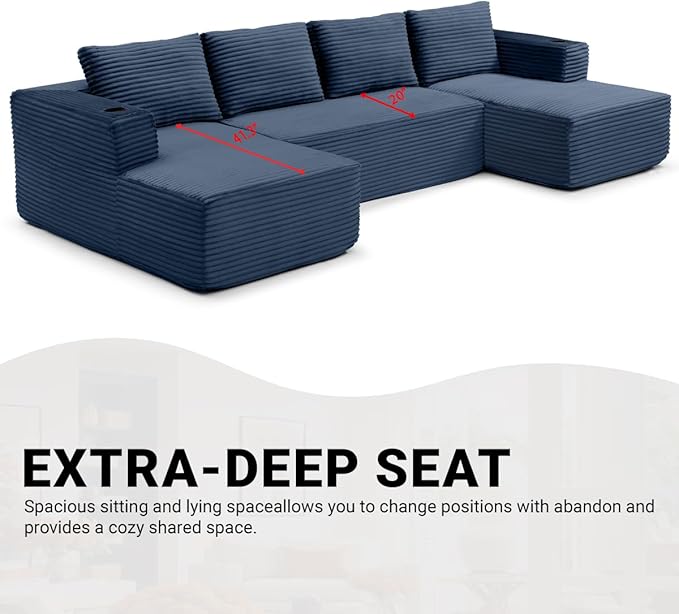 132 Inch Modular Sectional Sleeper Sofa, Boneless Cloud Couch for Living Room, U Shaped 5 Seat Sofa with 2 Cup Holders, Free Combination, No Assembly Required (Blue)