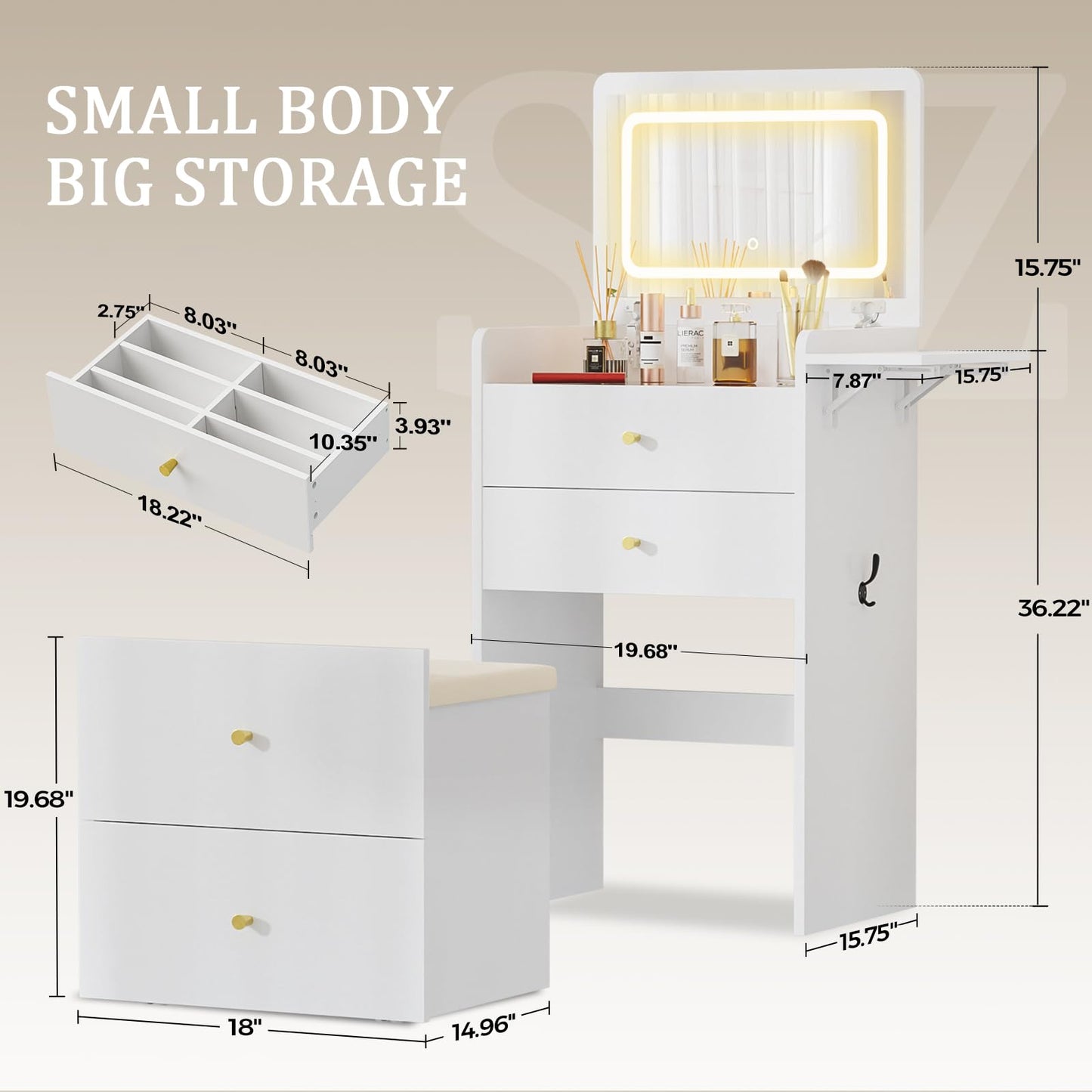 COMHOMA Makeup Vanity Desk with Mirror and Lights, Small 3 in 1 Vanity Table with Visible Glass Top, Flip Top & 3 Drawers, Compact Dresser with Storage Stool for Bedroom, Office or Nightstand