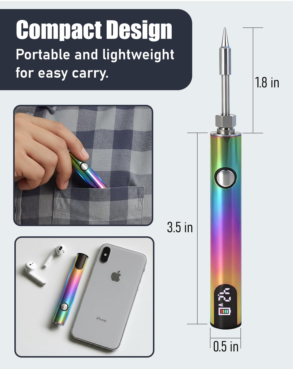 Premium Universal Portable Soldering Iron with LED Display, Rechargeable Cordless Soldering Iron with Built-in Battery, Ideal for Appliance Repair, DIY (Rainbow)