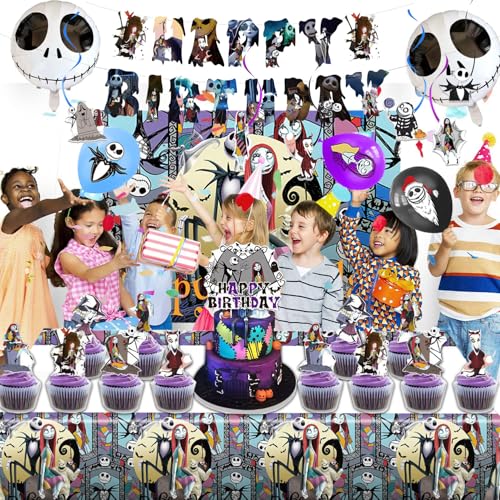 Favuit Birthday Decorations, Nightmare Christmas Party Supplies Halloween Birthday Party Decorations Set Includes Banner B...