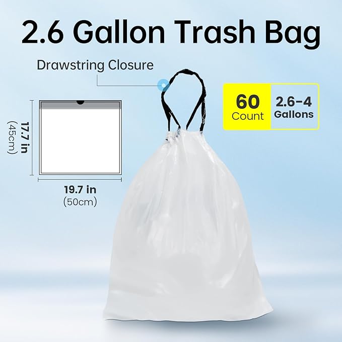 ELPHECO 2.6 Gallon Trash Bags 60 Counts - For 2.5-4 Gallon Trash Cans, Strong Drawstring Garbage Bags, Clear Leakage-Free Trash Bag, Tear free Garbage Bags, 60 Count / 3 Rolls