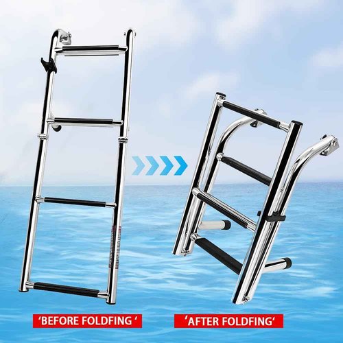 Folding Stainless Steel Boat Ladder 4 Step Pontoon 2+2 Step Portable Transom Mount Marine Stepladder, Rated to 400 Pounds
